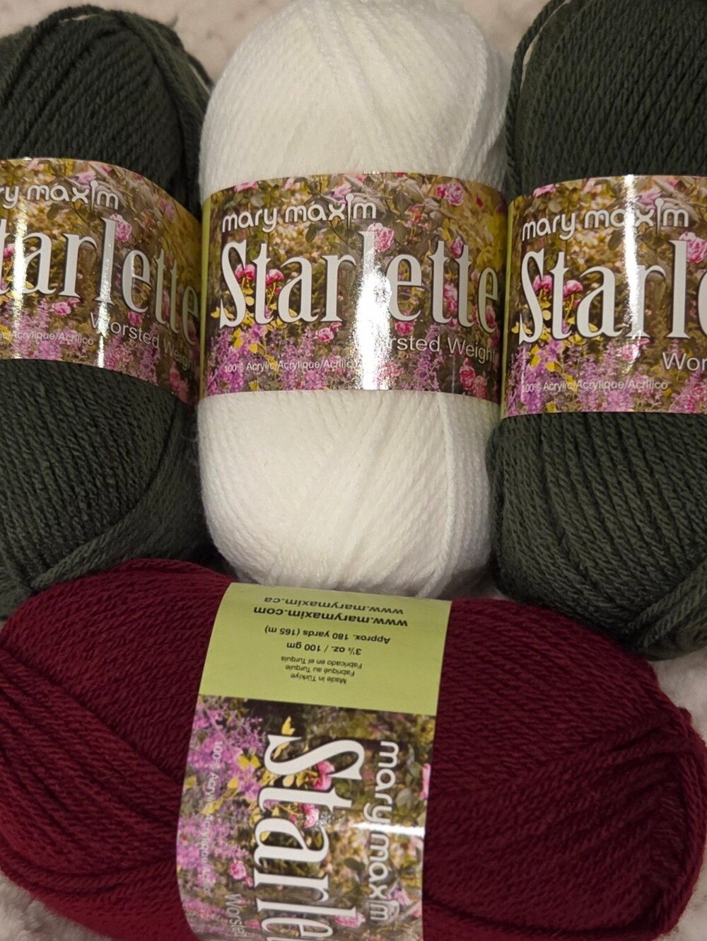 CHRISTMAD YARN Mary Maxim Starlette Yarn Bundle - Olive Green, White, Burgundy